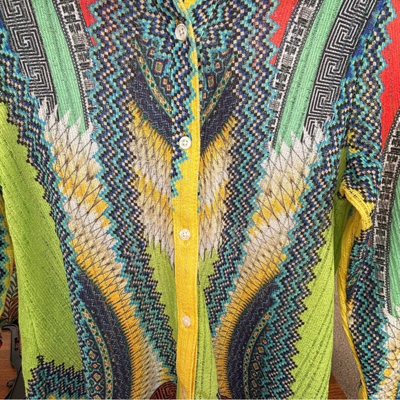 Boho Chic Global Vibe Colorful Patterned  Button-Up Sheer Cover Shirt Women’s M - Picture 4 of 8